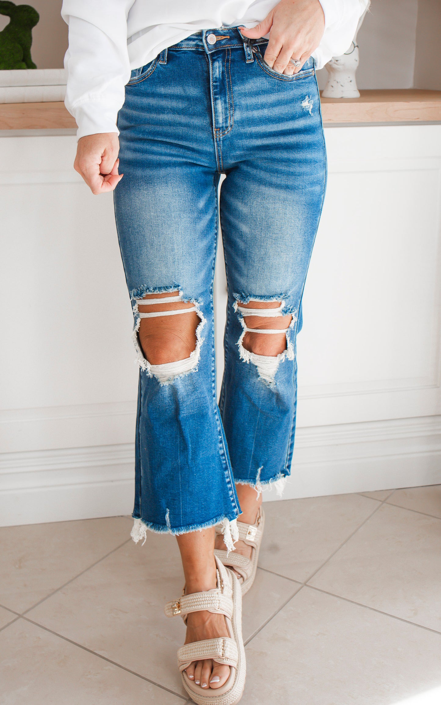 Zenana High Waist Distressed Wide Leg Cropped Denim Jeans