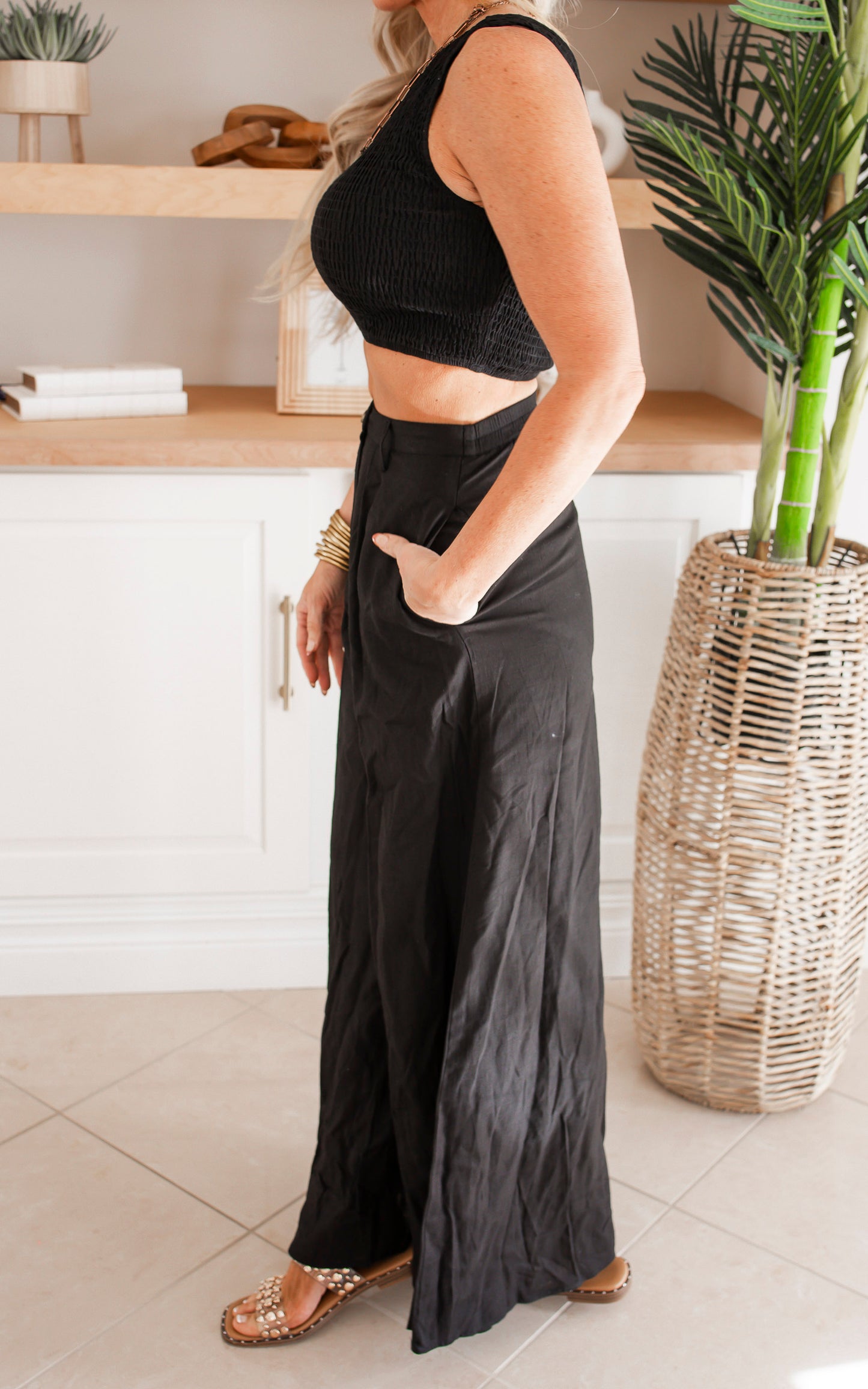 Black One Shoulder Smocked Top And Pants Set