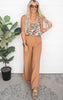 Textured Side Slit Wide Leg Pants - Camel