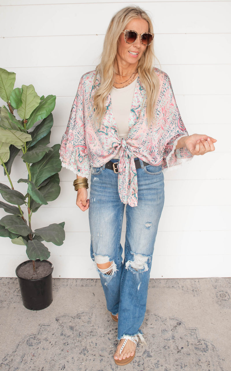 Paisleys and Lace Tie Front Kimono Top