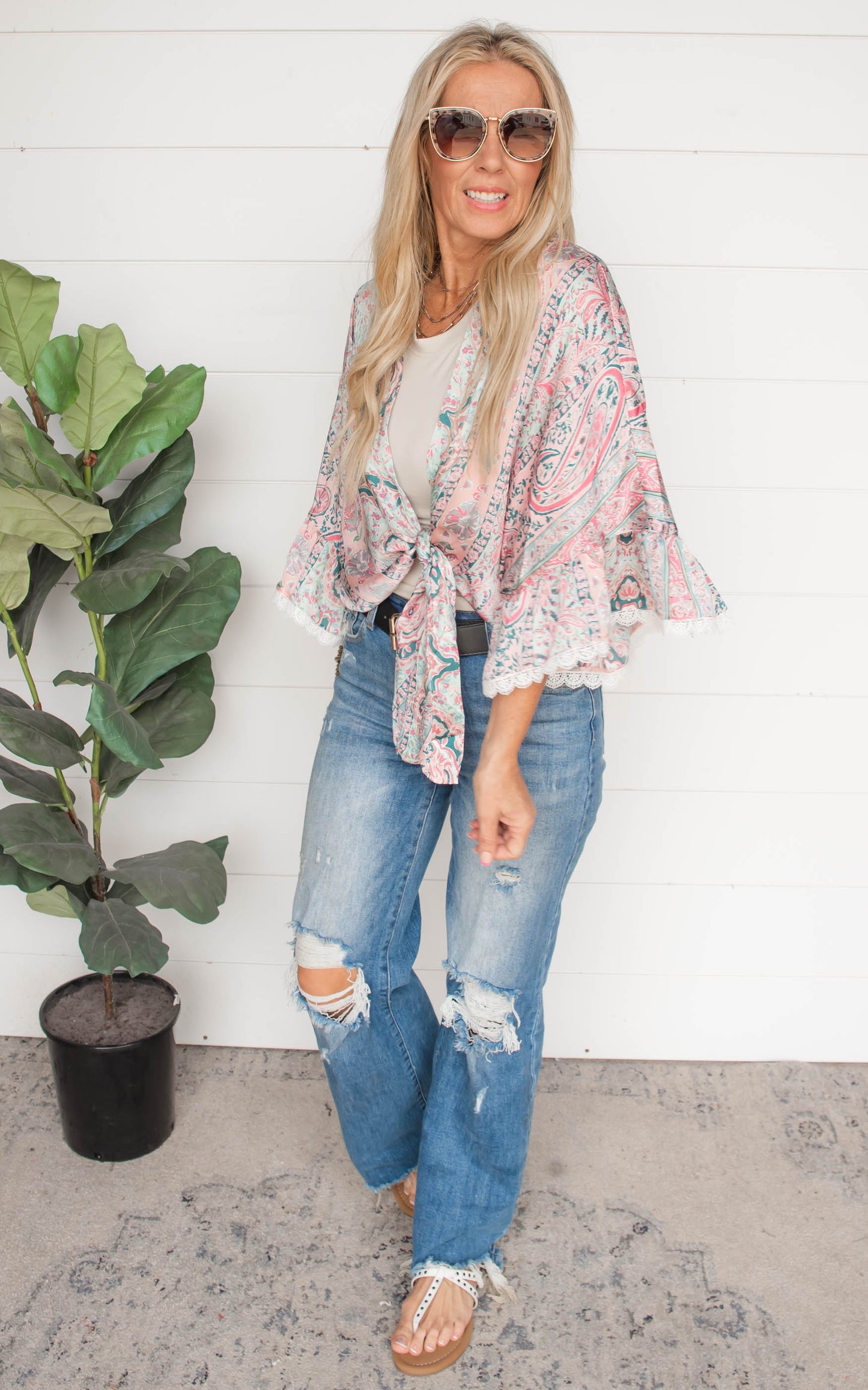 Paisleys and Lace Tie Front Kimono Top