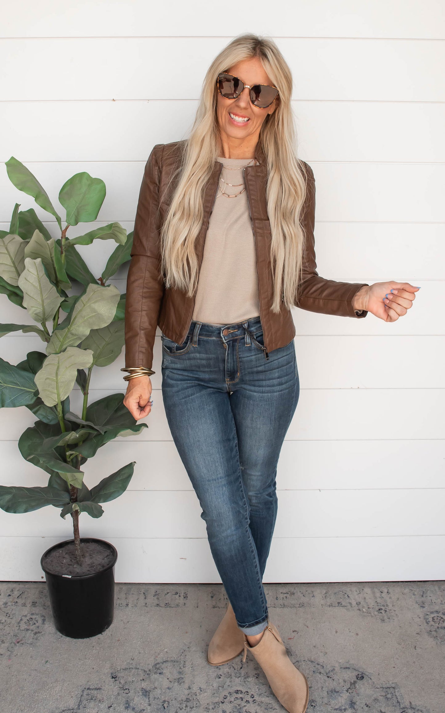 Vegan Leather Biker Jacket - Camel