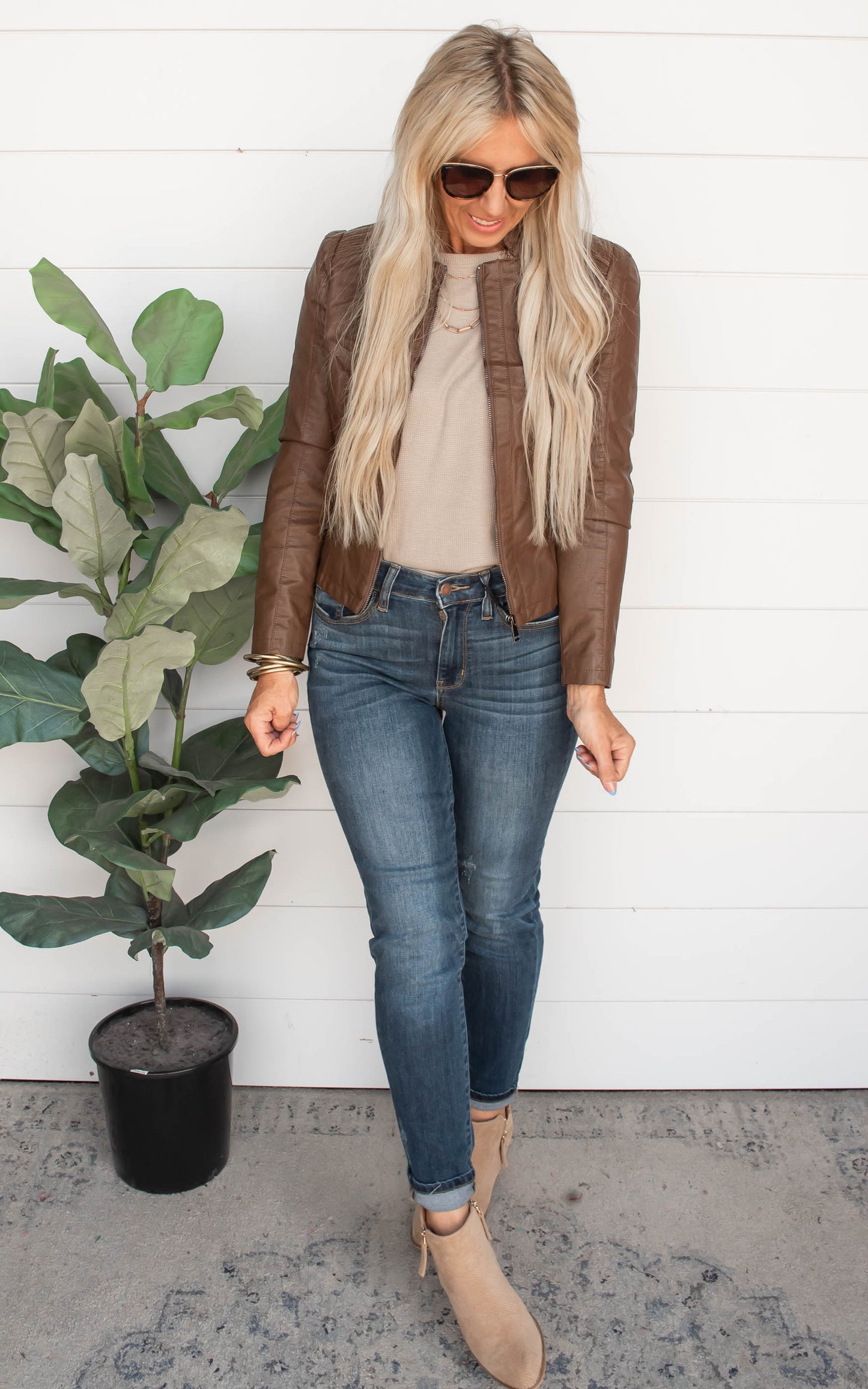 Vegan Leather Biker Jacket - Camel