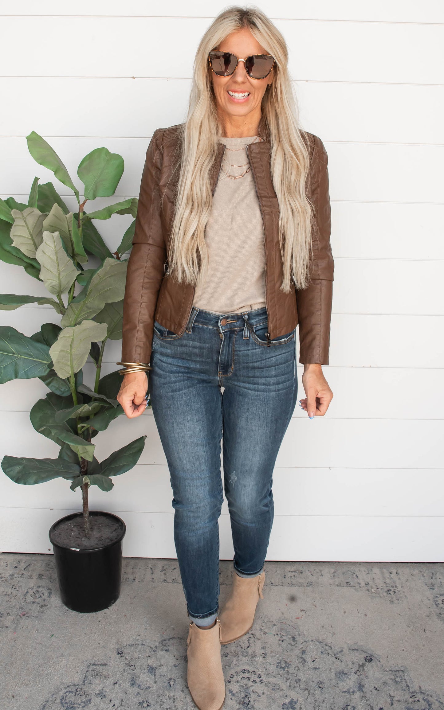 Vegan Leather Biker Jacket - Camel