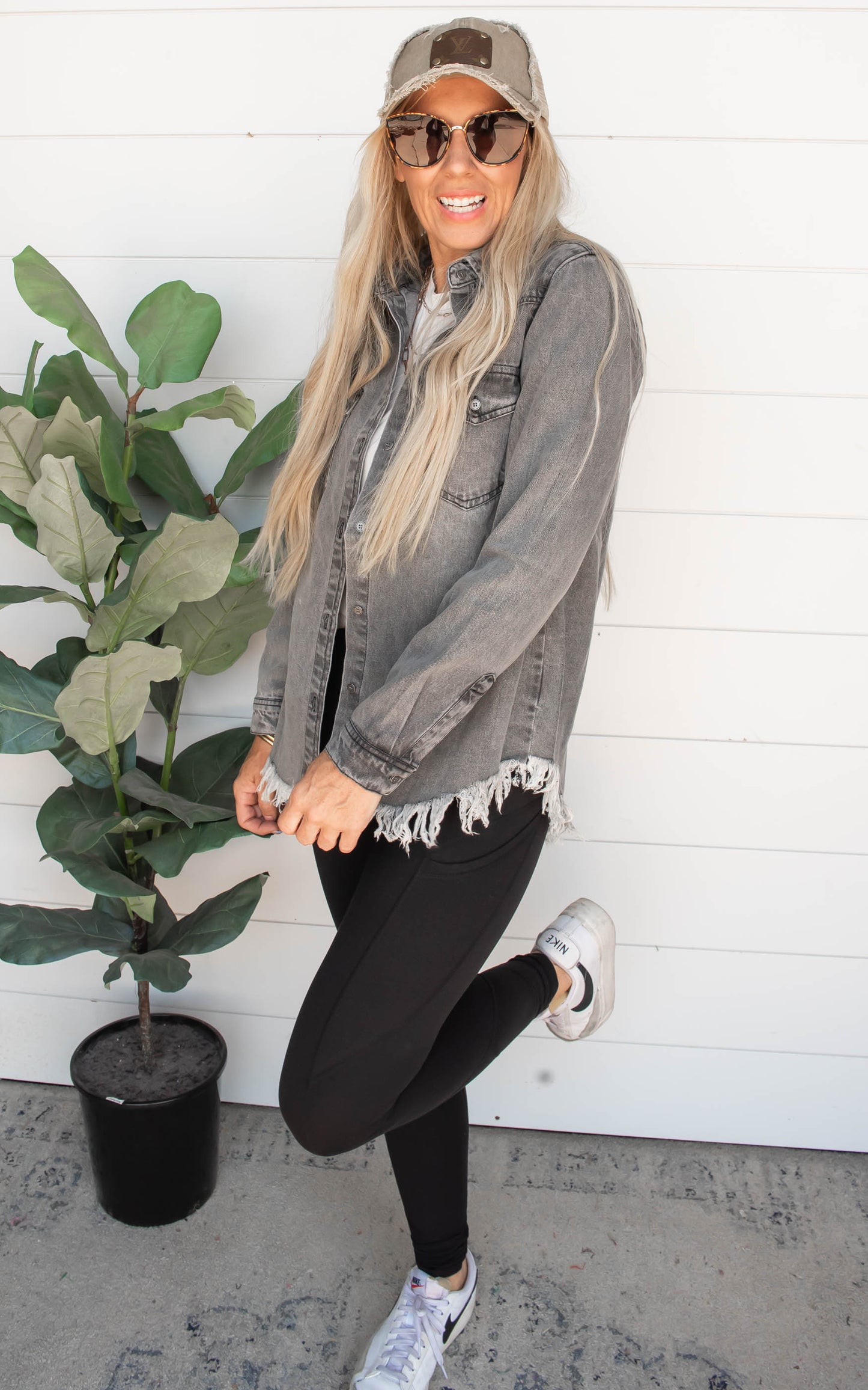 Grey Frayed Hem Denim Shirt