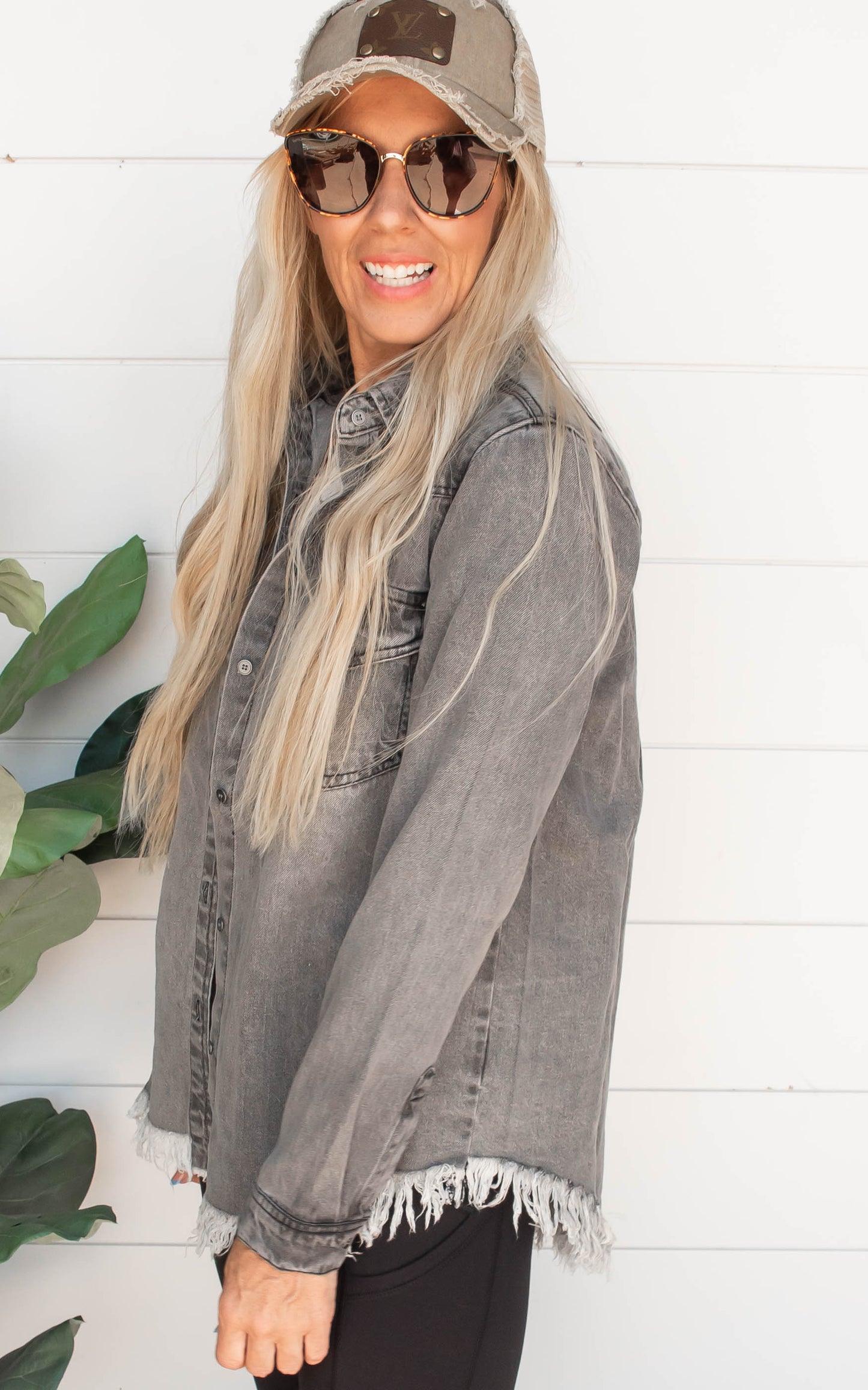 Grey Frayed Hem Denim Shirt