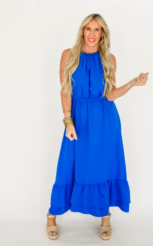 Blue Air Flow Halter Neck Maxi Dress