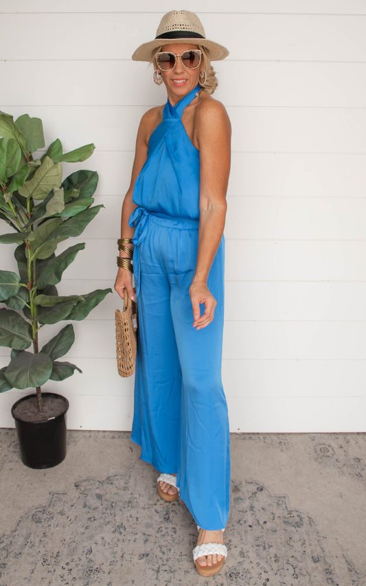 Silky Wide Leg Pants Clean Blue