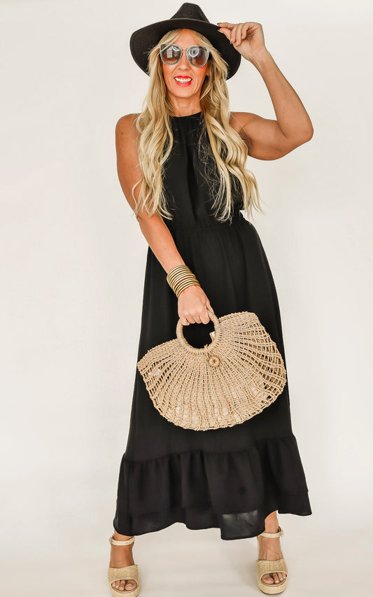 Black Air Flow Halter Neck Maxi Dress