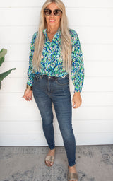 Go For It Abstract Button Down Blouse - Blue