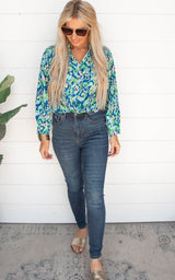 Go For It Abstract Button Down Blouse - Blue
