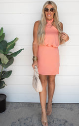 Silk Skinny Halter Mini Dress - Peach