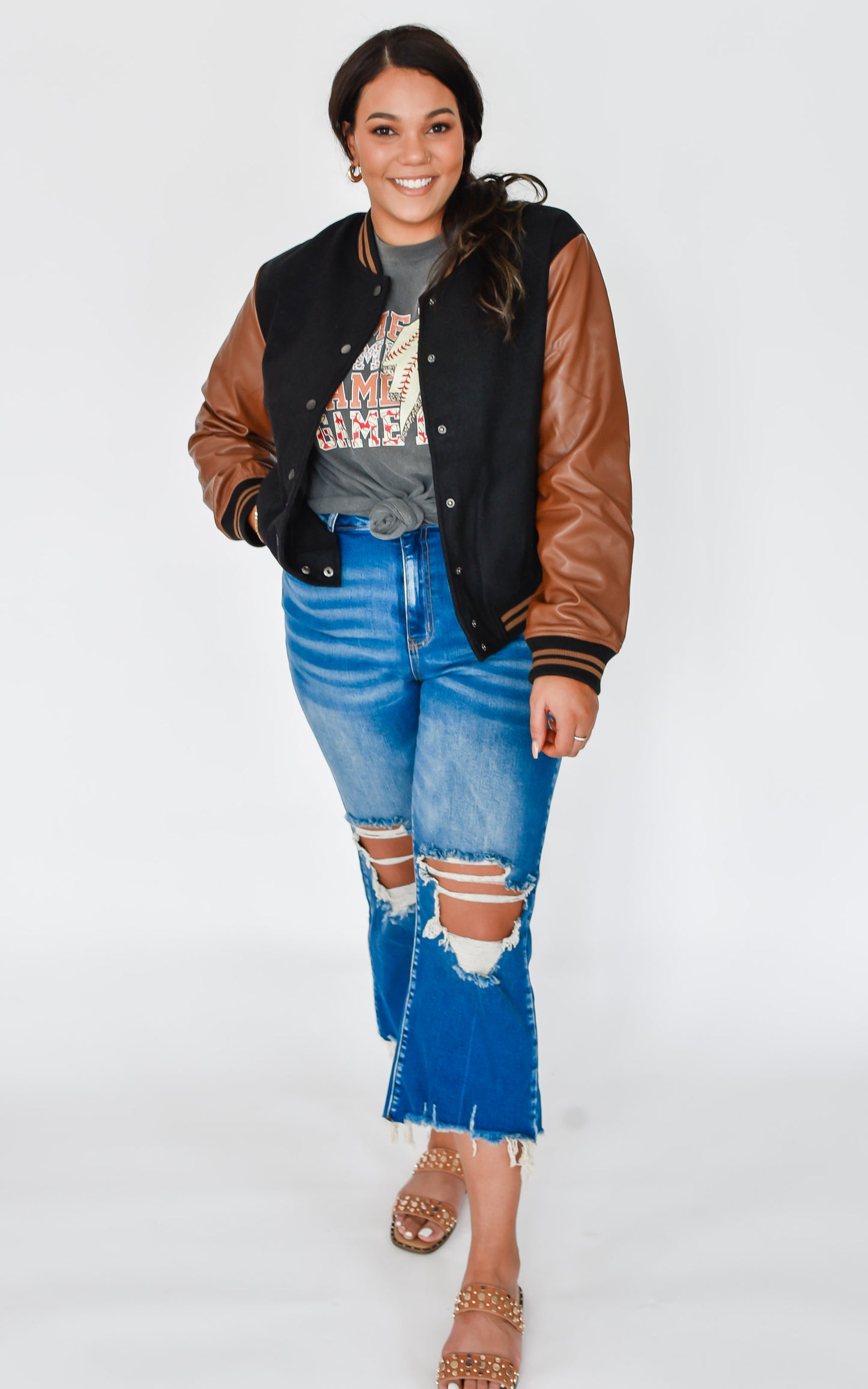 Faux Leather Sleeves Varsity Jacket