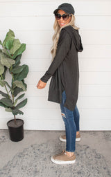 Longline Hooded Cardigan with Pockets - Black