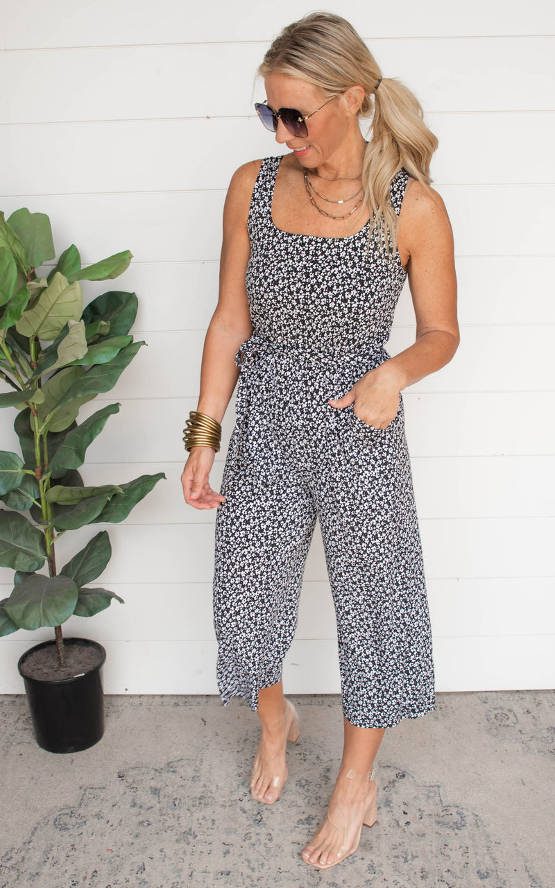 Black Ditsy Sleeveless Square Neck Cropped Jumpsuit - Final Sale