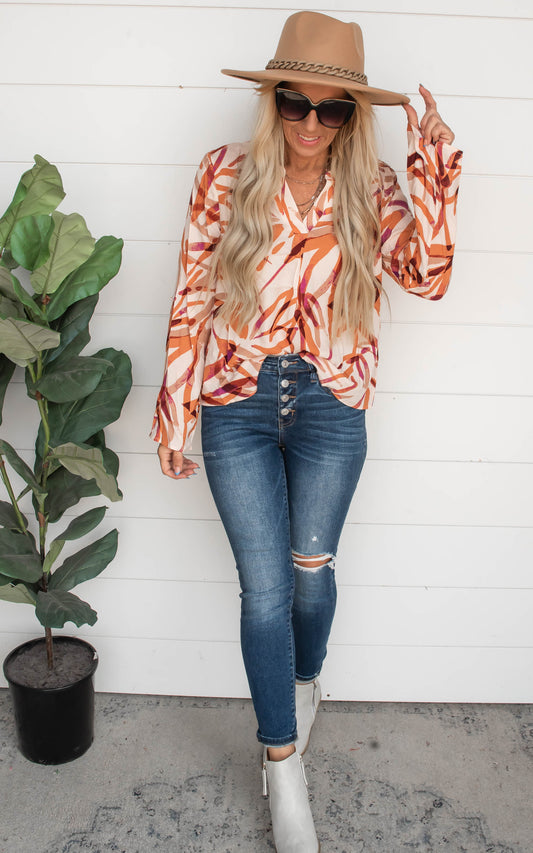 Shades of Rust Printed Button Down Blouse Top