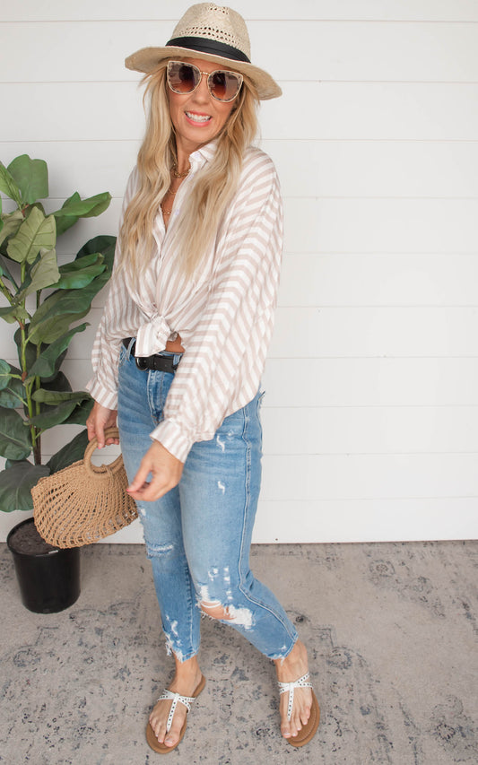 Taupe Striped 3/4 Sleeve Blouse