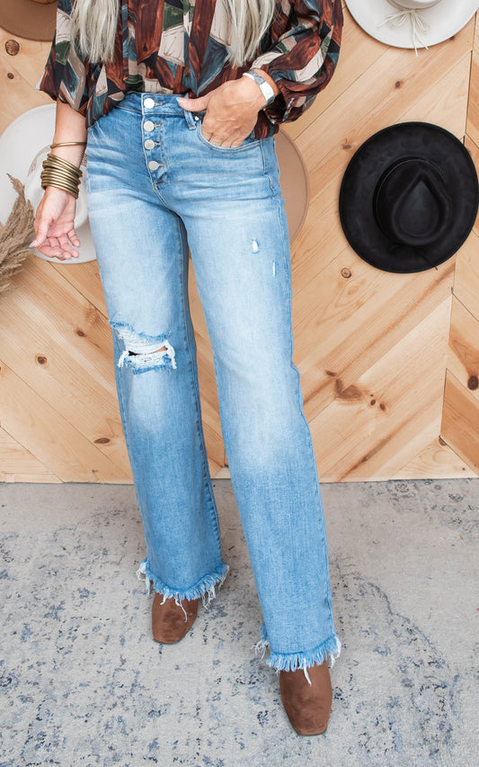 Mid Rise Button Down Wide Leg Denim Jeans | Risen