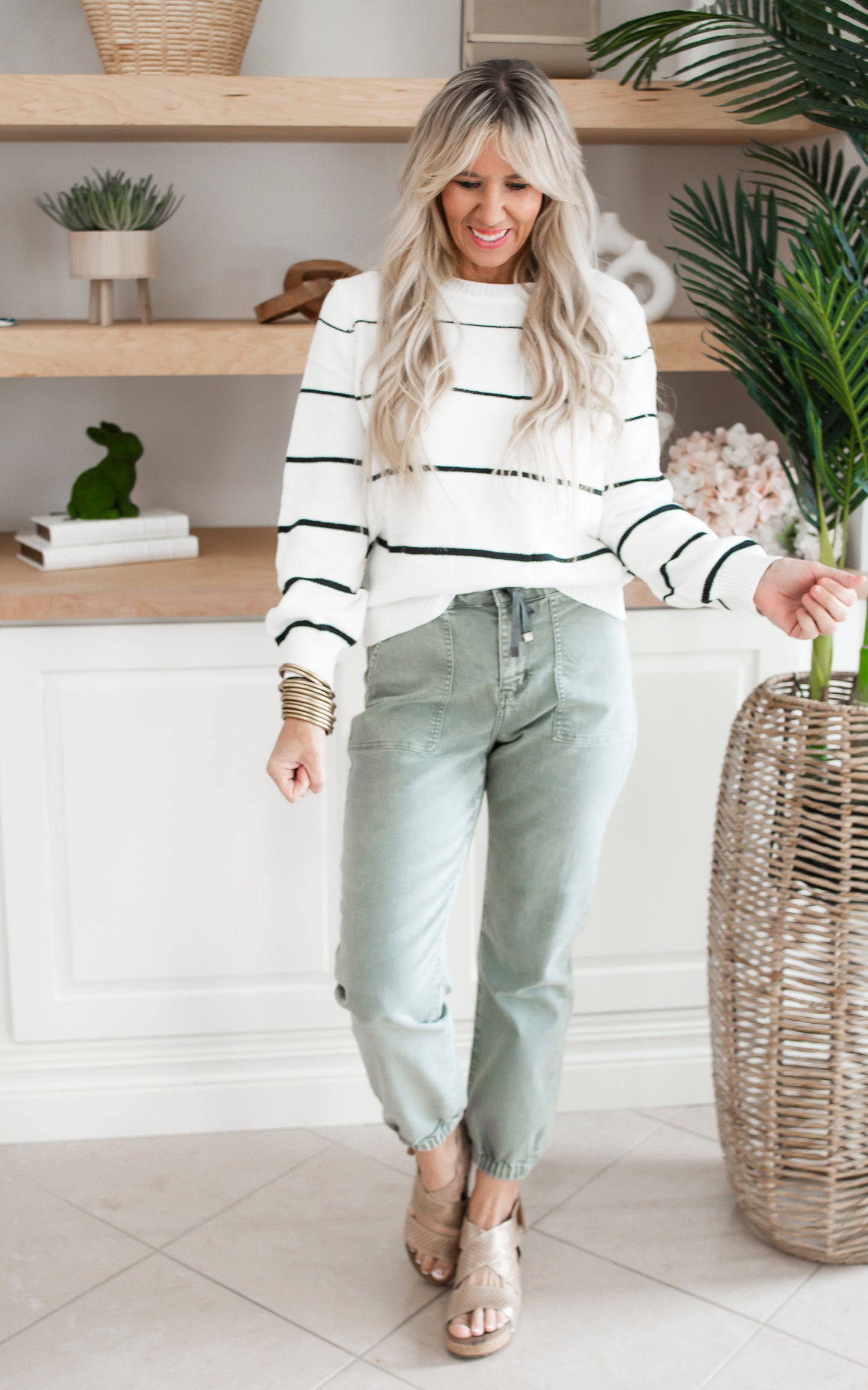 White Striped Lightweight Cable Knit Sweater Top