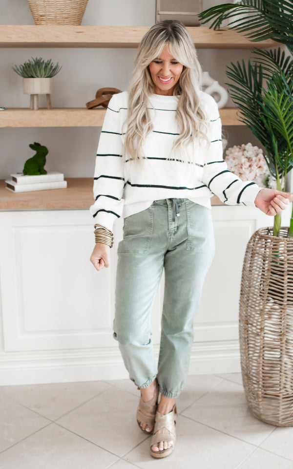 Striped Lightweight Cable Knit Sweater Top