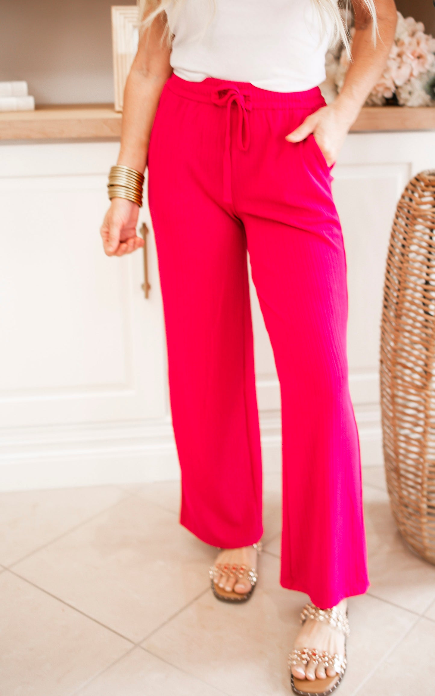 Ribbed High-rise Drawstring Wide Leg Pants - Final Sale