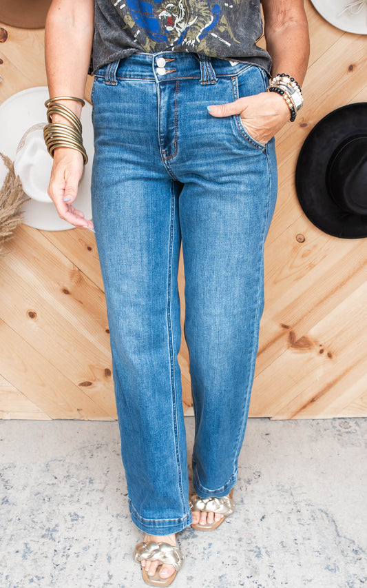 High Rise Double Button Wide Leg Denim Jeans | Judy Blue