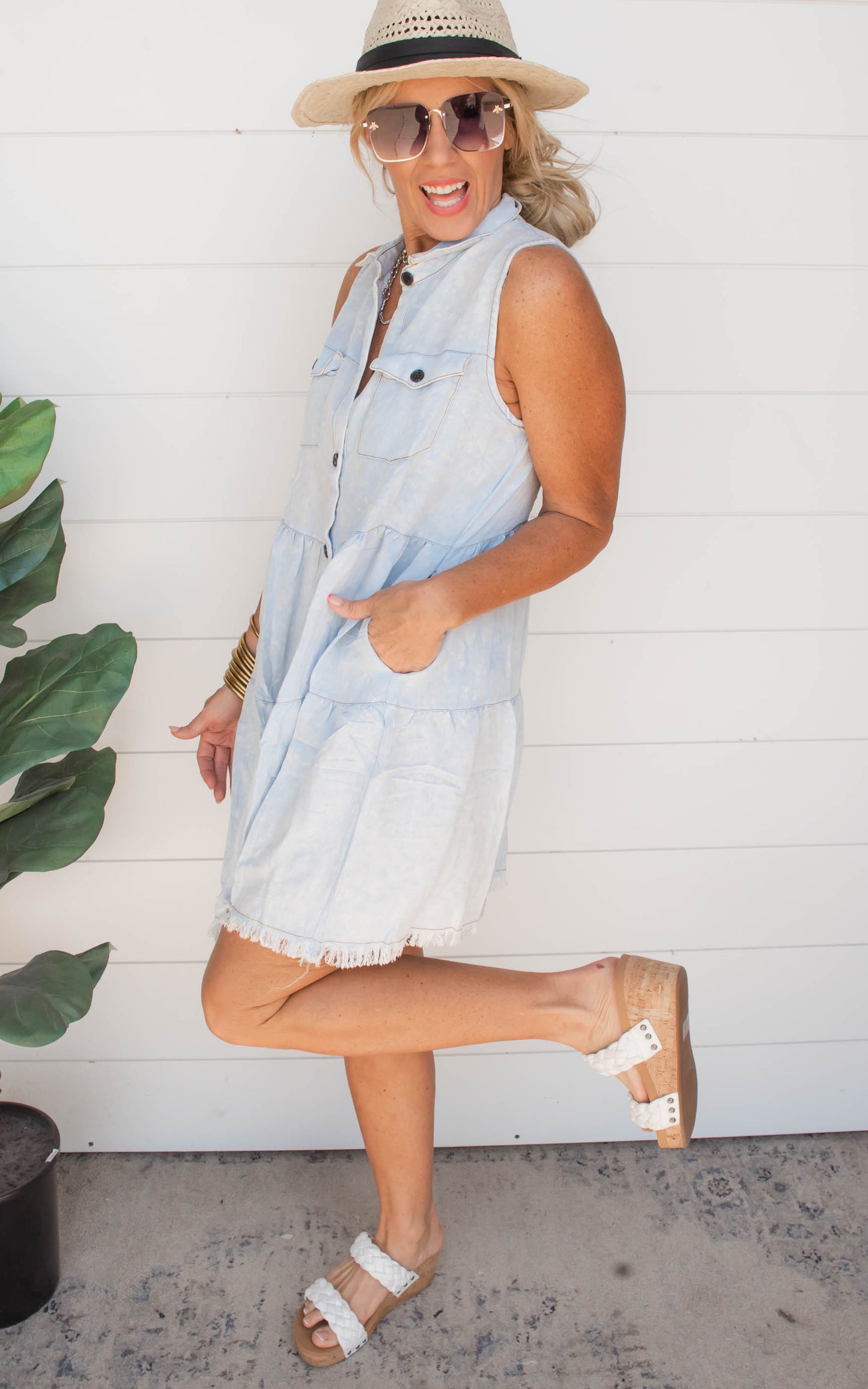 Chambray Frayed Denim Dress | Umgee