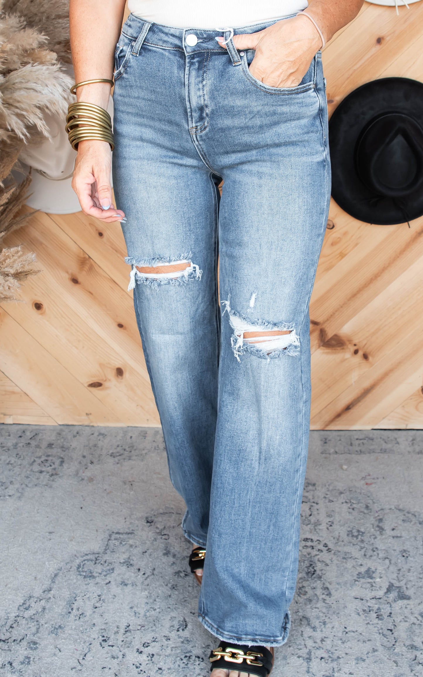 High Rise Ripped Wide Leg Denim Jeans | Risen