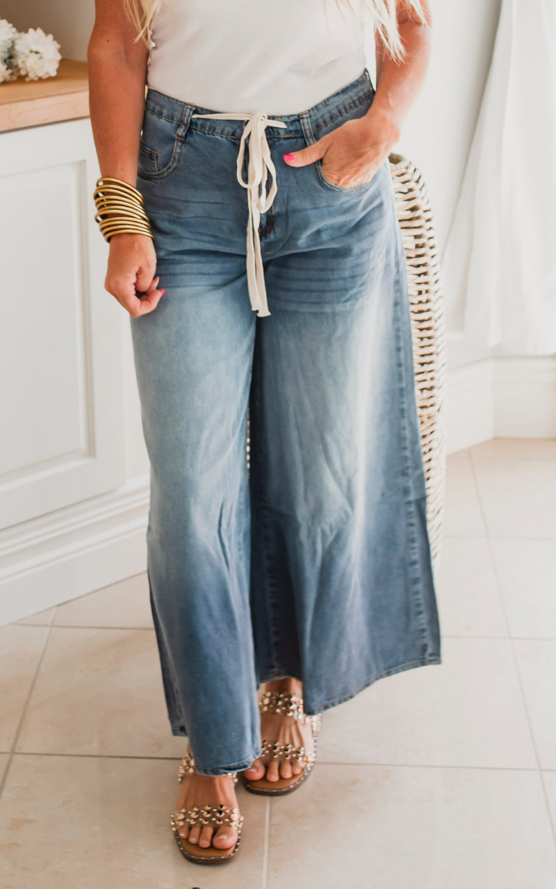 Drawstring Ombre Dyed Wide Leg Denim Pants