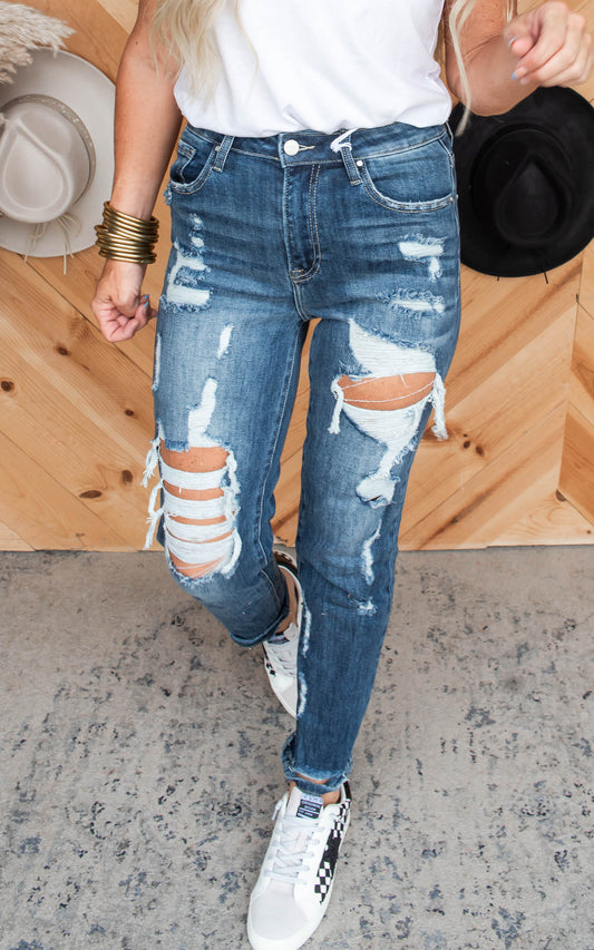 High Rise Boyfriend Distressed Denim Jeans | Risen