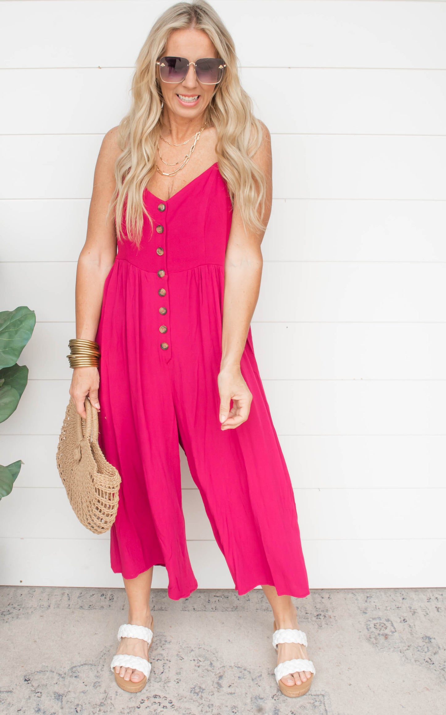 Magenta Button Down Crepe Jumpsuit