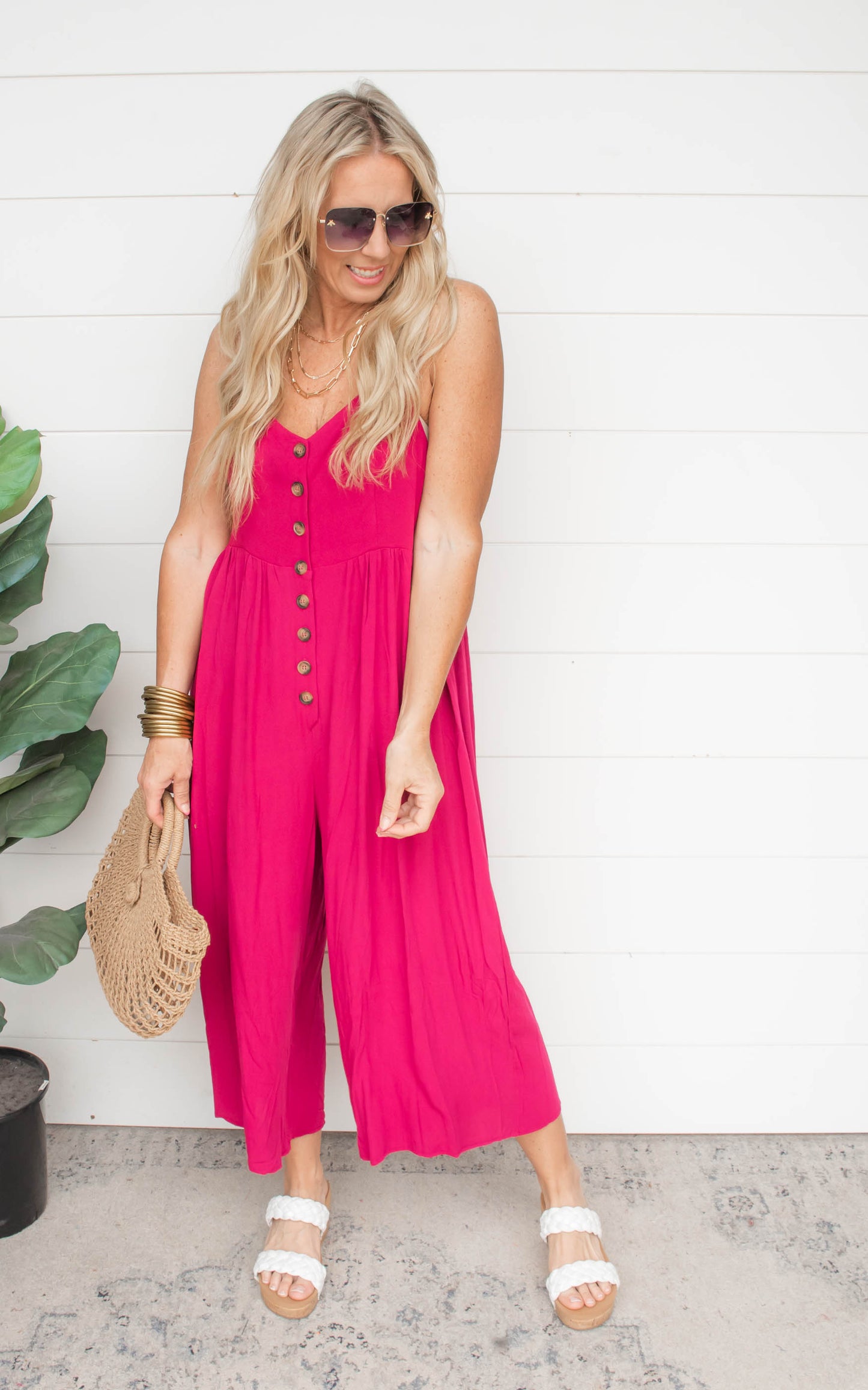 Magenta Button Down Crepe Jumpsuit