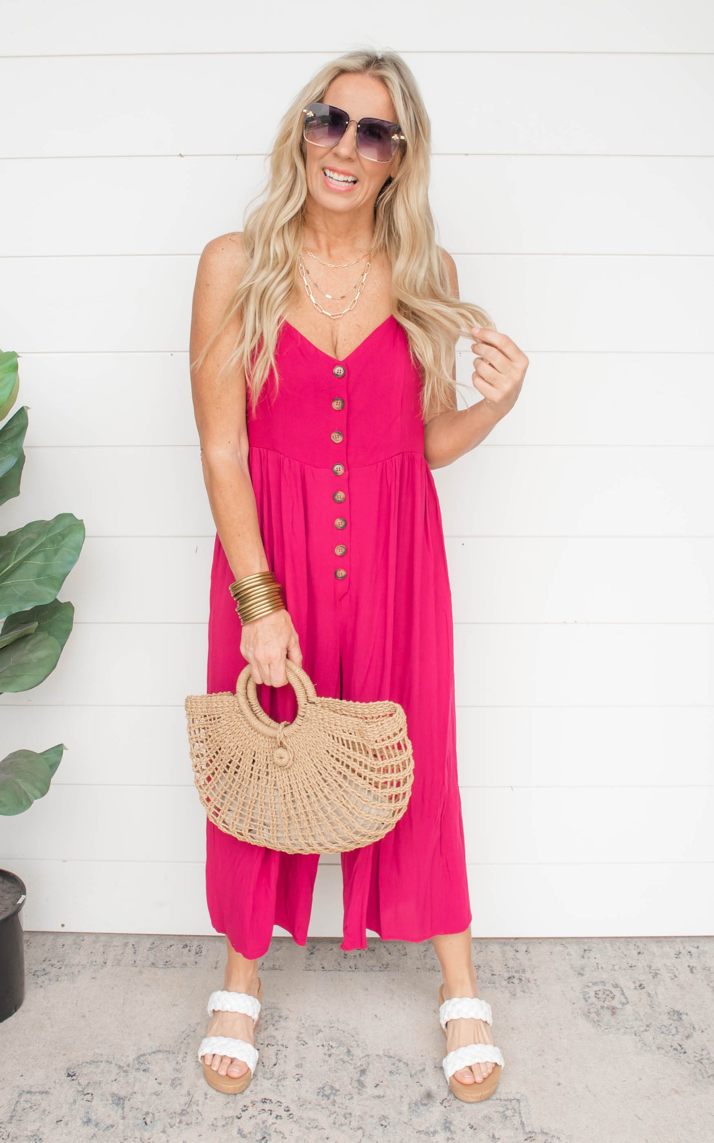 Magenta Button Down Crepe Jumpsuit