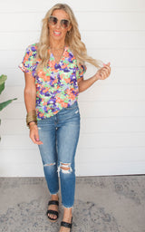 Neon Green Floral Shirring Top
