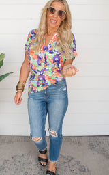 Neon Green Floral Shirring Top - Final Sale
