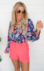 Navy Floral Abstract Satin Button Down Blouse