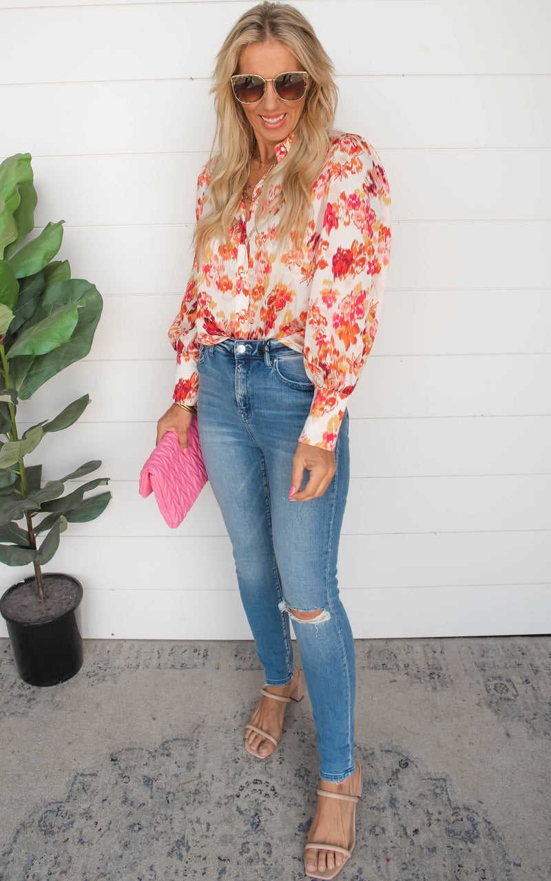 Floral Abstract Satin Button Down Blouse