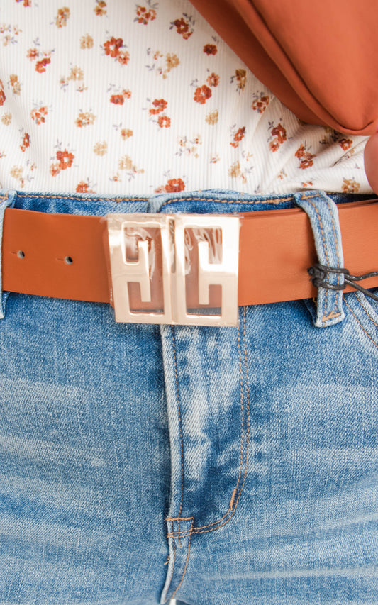 Cognac Mirrored C Cut-Out Square Belt