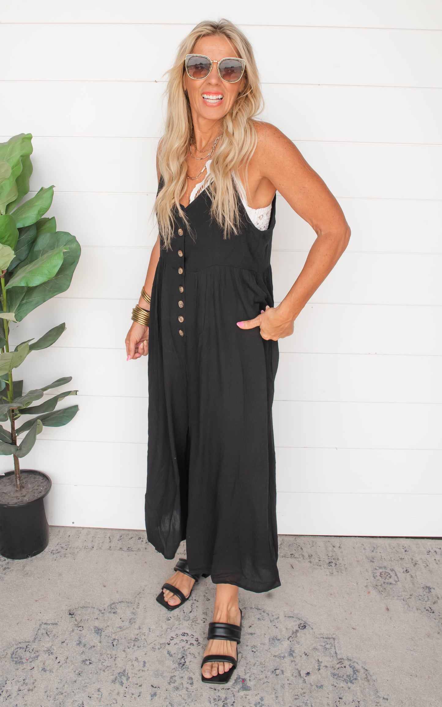 Black Button Down Crepe Jumpsuit