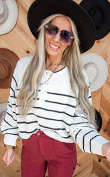 Button Striped Knit Sweater