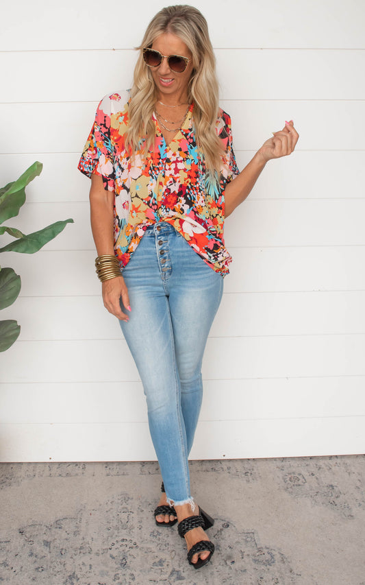 Floral Print V-Neck Boxy Top