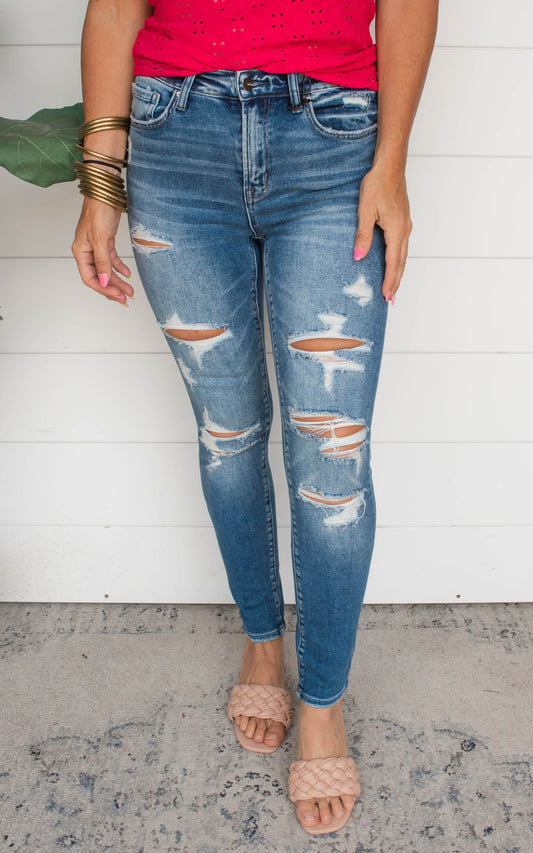 HIGH RISE ANKLE SKINNY DENIM JEANS- MICA