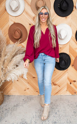 Woven Split Top Blouse Top - Wine