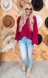 Woven Split Top Blouse Top - Wine
