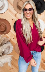 Woven Split Top Blouse Top - Wine