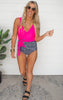 Beach Party One-Piece Swimsuit - Hot Pink & Black