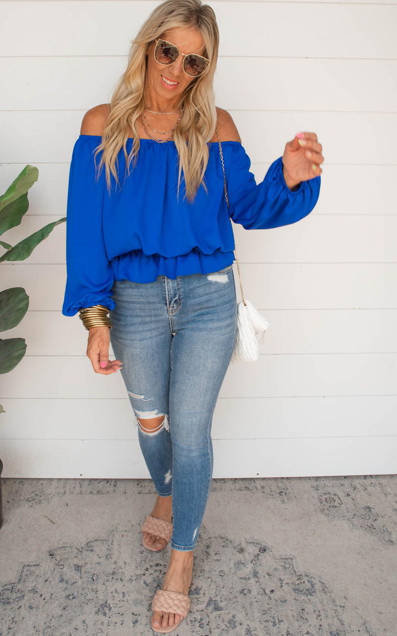 Solid Off Shoulder Balloon Sleeve Ruffle Bottom Top