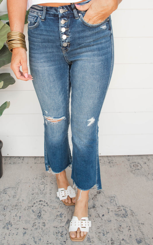 The Hope High Rise Cropped Flare with Step Hem Denim Jeans