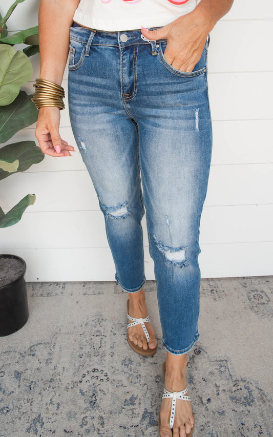 Midrise Distressed Boyfriend Denim Jeans- RISEN