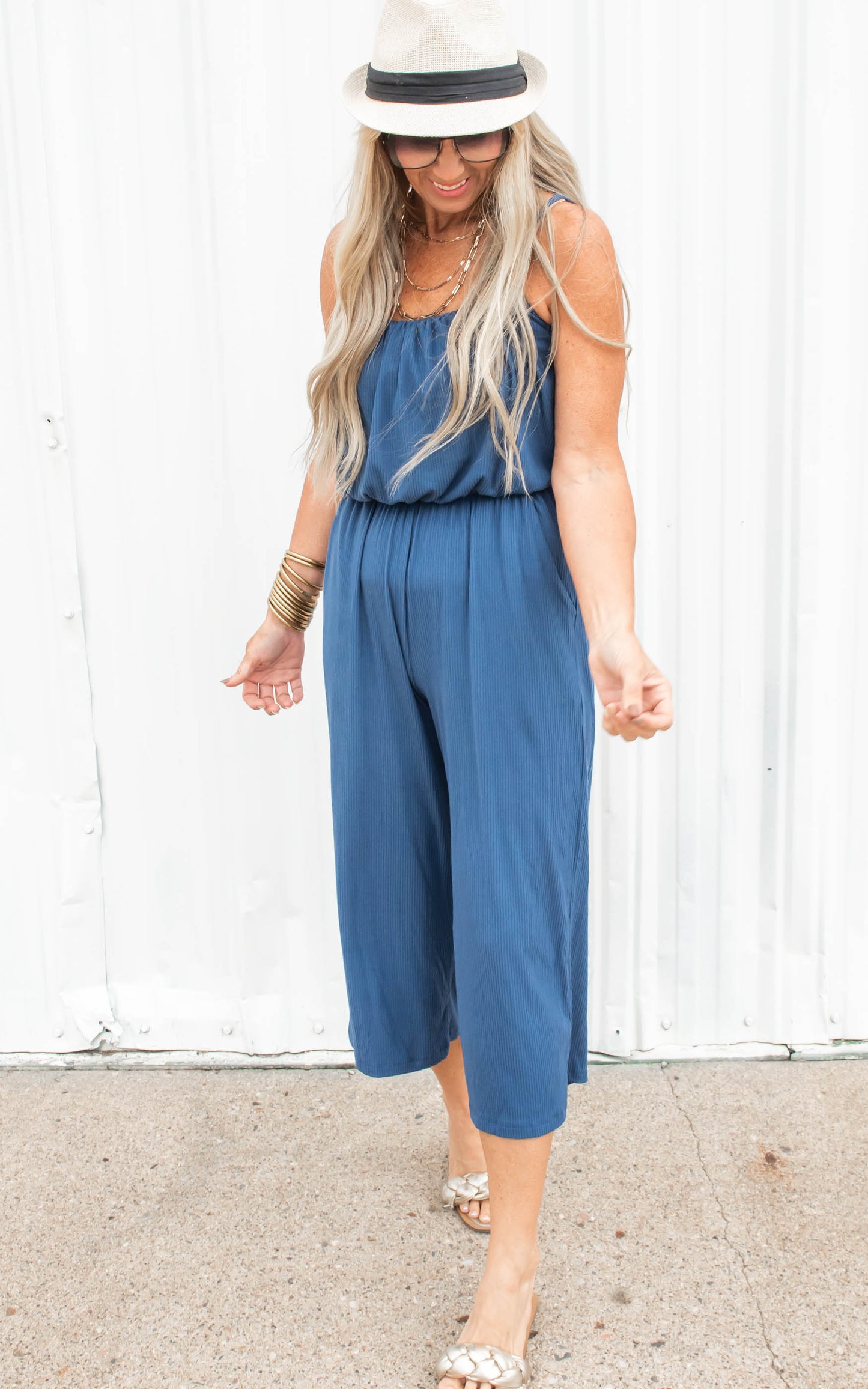 Cropped Spaghetti Strap Jumpsuit - Denim - Final Sale